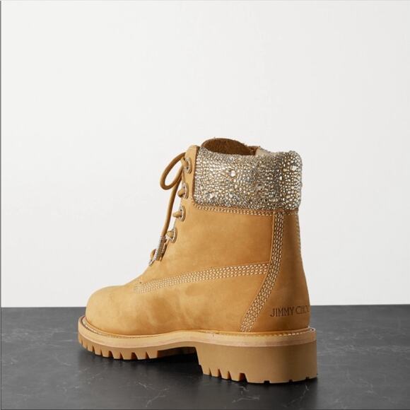 NEW JIMMY CHOO X TIMBERLAND Suede Crystal Encrusted Brown Classic Hiking Boot 9 - Picture 14 of 16